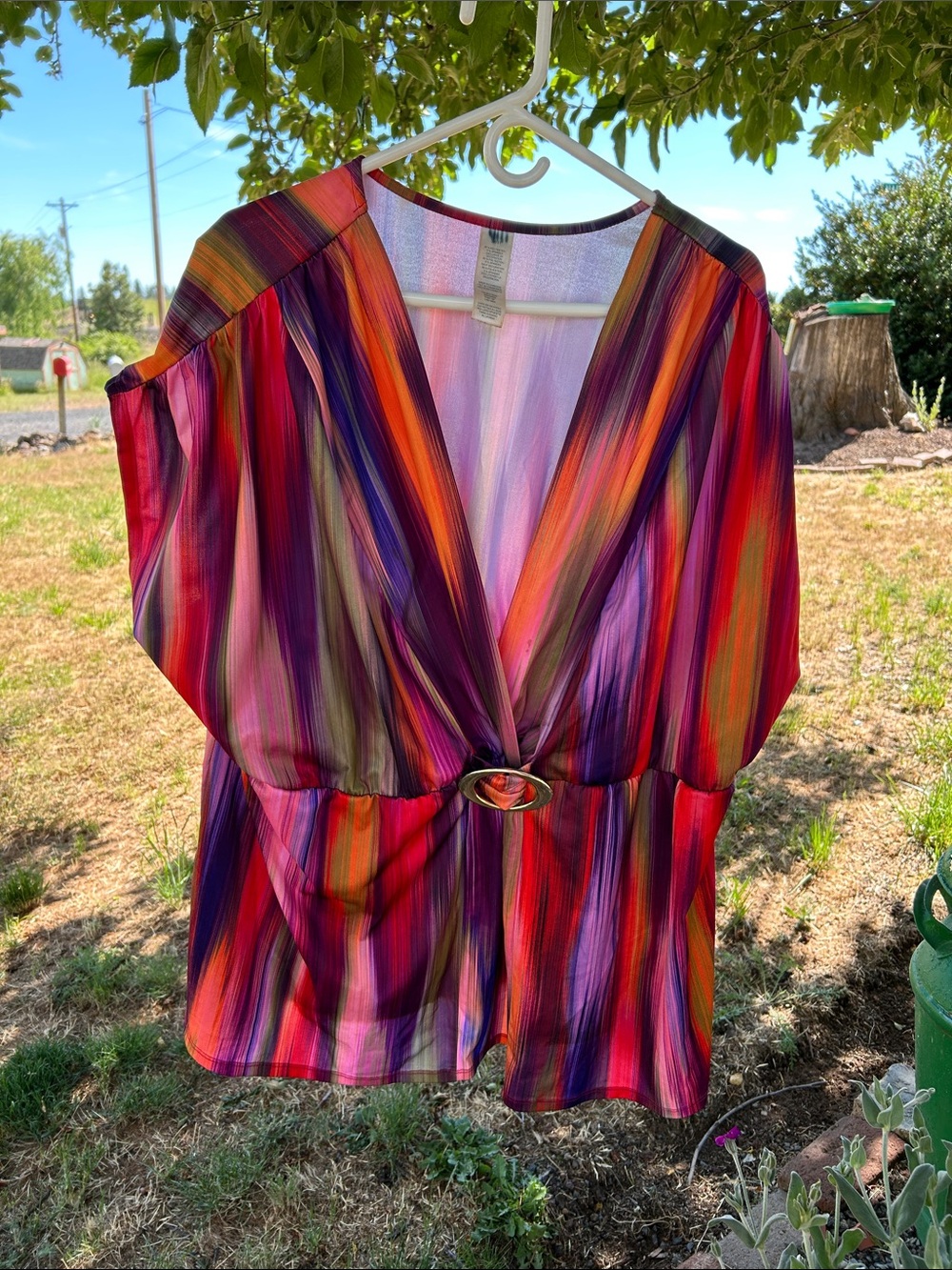 Women's V-Neck Multicolor Striped Blouse with Front Ring Detail size 3x